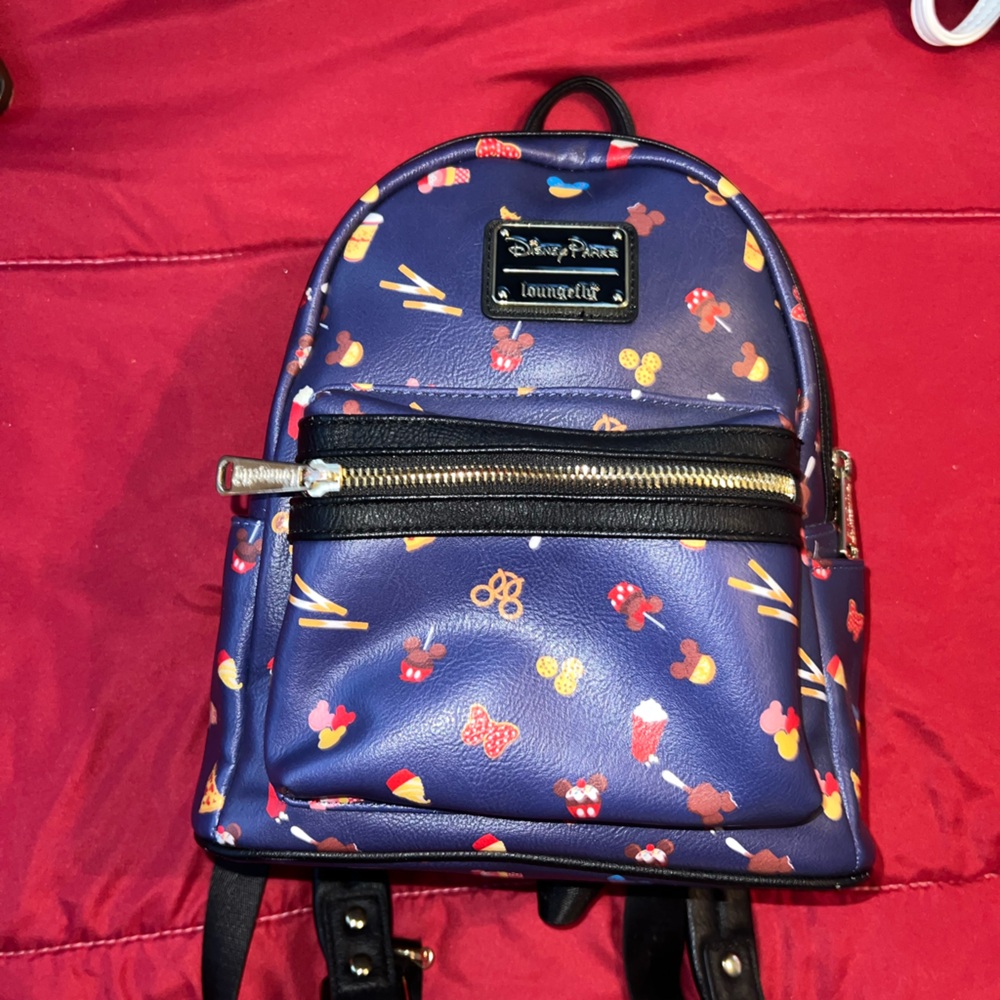 Disney Parks  Loungefly Navy Backpack with Iconic SNACKS Print